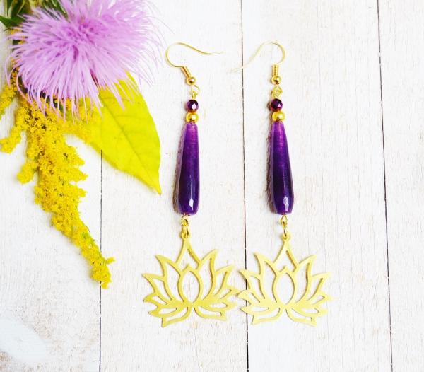 Gold Lotus Flower with purple jade earrings picture