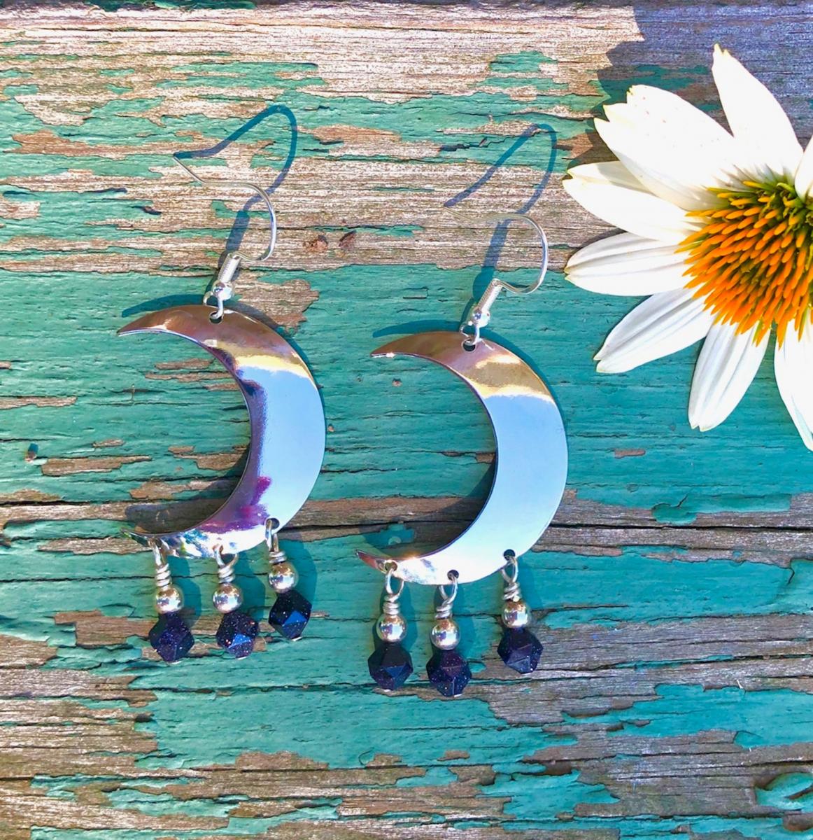 Silver Crescent Moons with Star-Cut Blue Goldstone picture