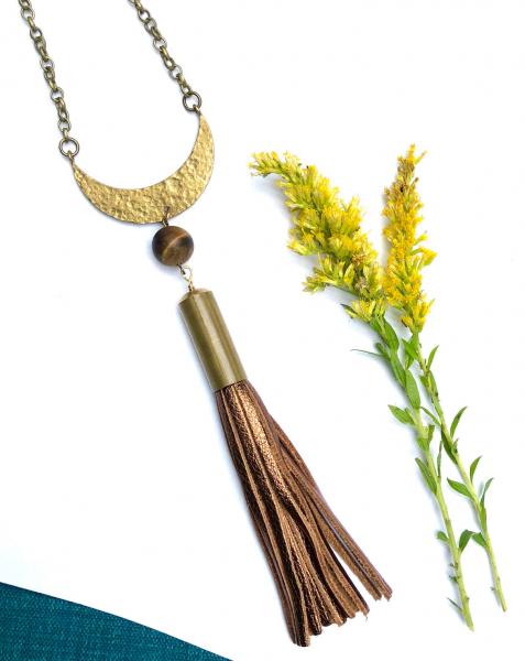 Long Boho Necklace with Tassel - Hammered Brass picture