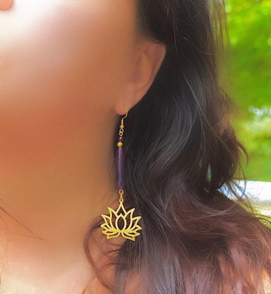 Gold Lotus Flower with purple jade earrings picture