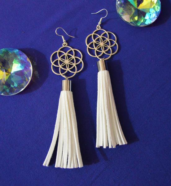 Silver Flower of Life with White Faux Leather Tassels picture
