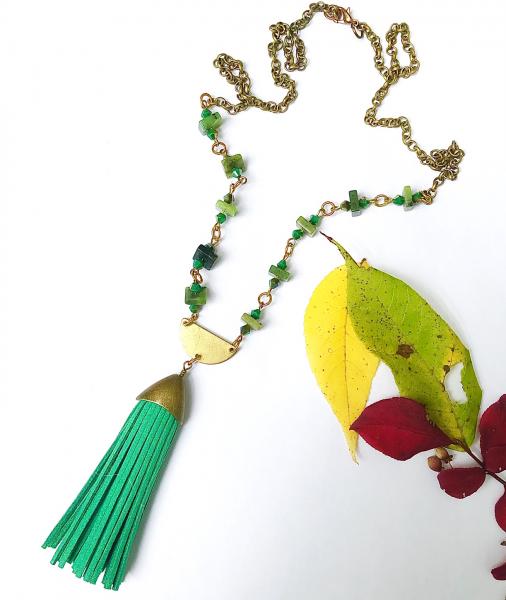 Long Boho Necklace with Tassel - Green Moss Agate