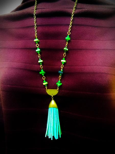 Long Boho Necklace with Tassel - Green Moss Agate picture