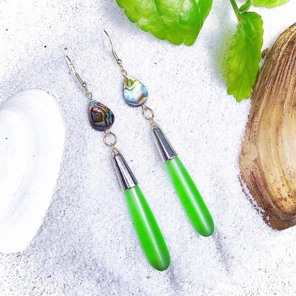 Bright Green Sea Glass Drops with Abalone Shell