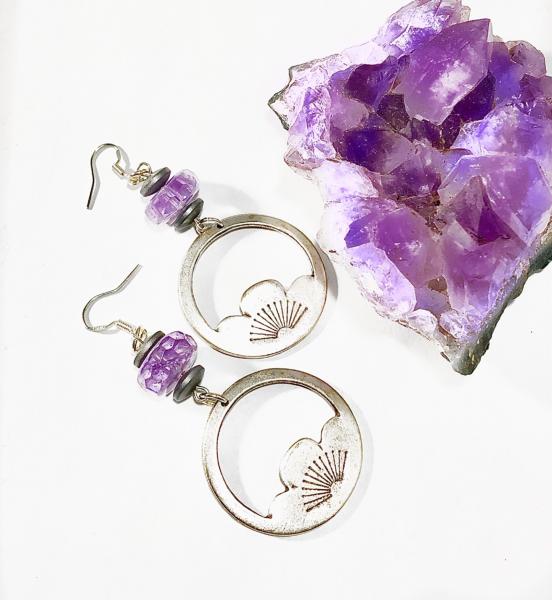 Antique Silver Lotus Flower Rounds with Amethyst Donut Beads