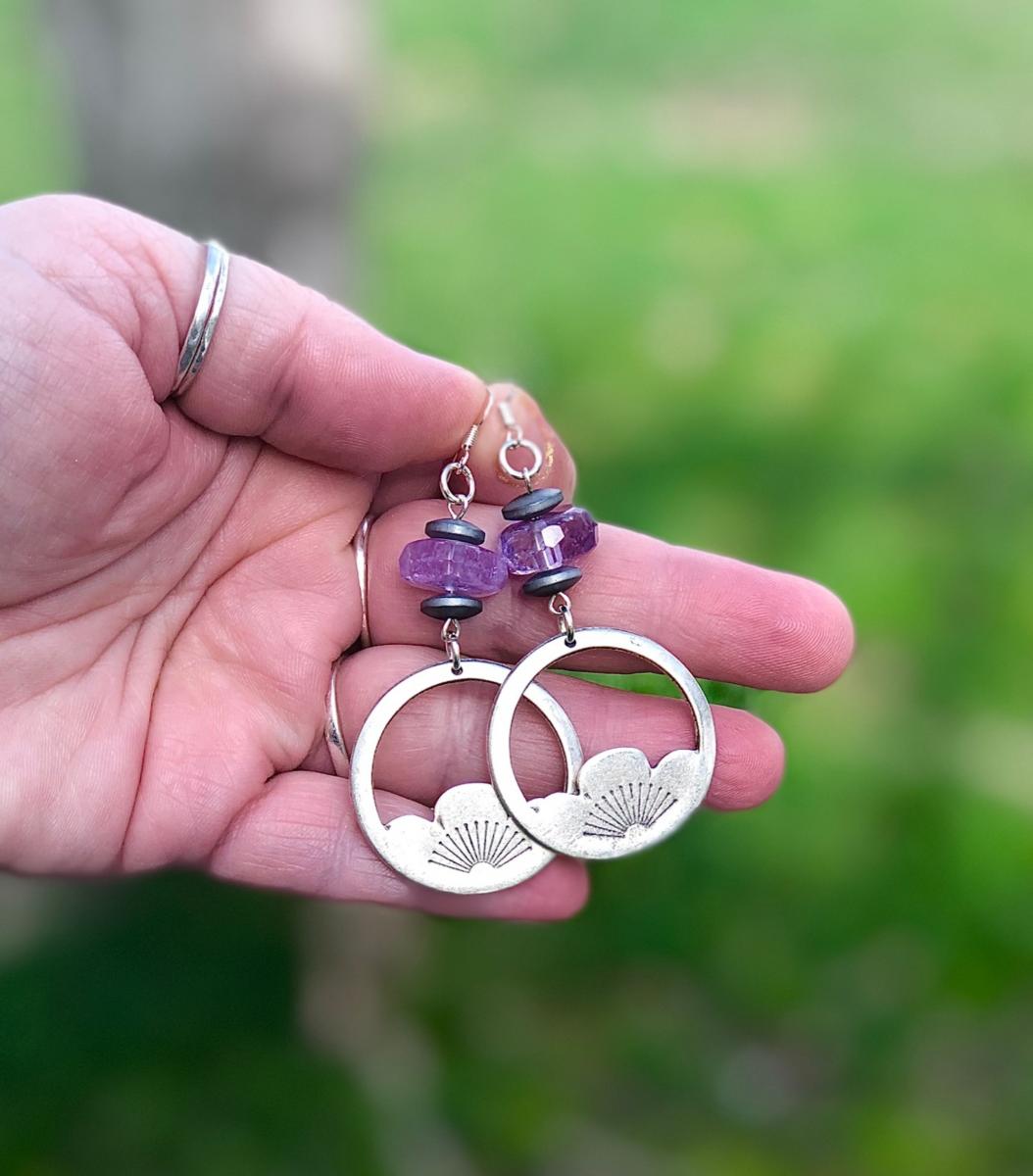 Antique Silver Lotus Flower Rounds with Amethyst Donut Beads picture