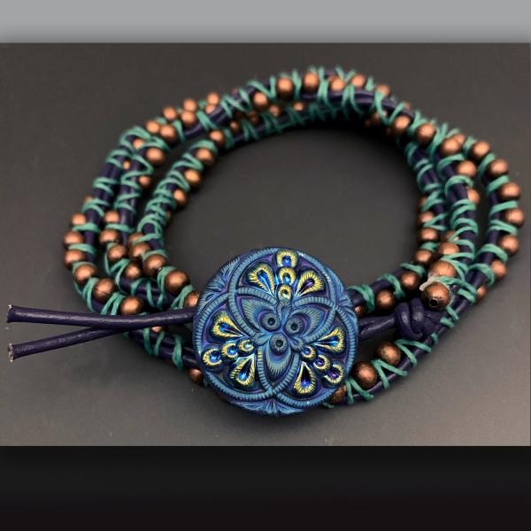 Linen Leather Wrapped Bracelet in Violet Teal picture