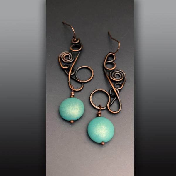 Copper Wire Earring with Aqua Czech Puff