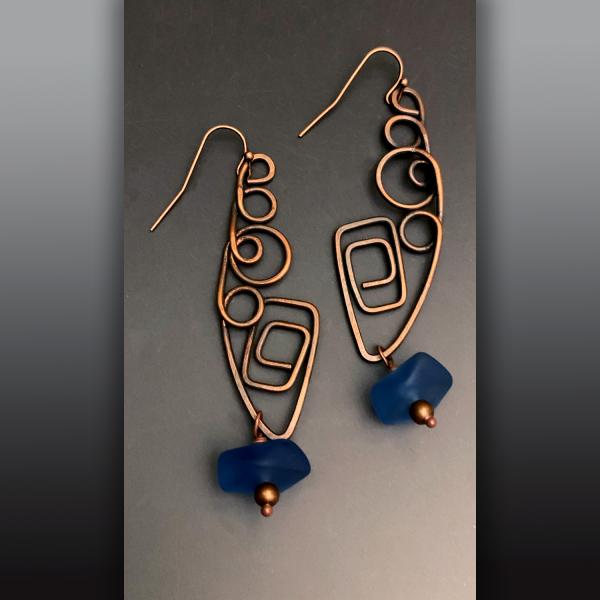 Copper Wire Earrings with Periwinkle Sea Glass