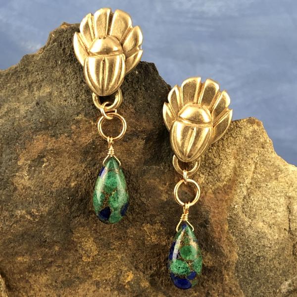 Scarab post earring with Azurite Drops