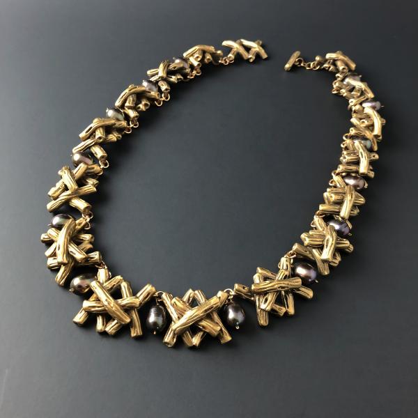 Bronze twig and pearl necklace