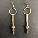 Bronze Spike Earrings with Red and Tan Beads