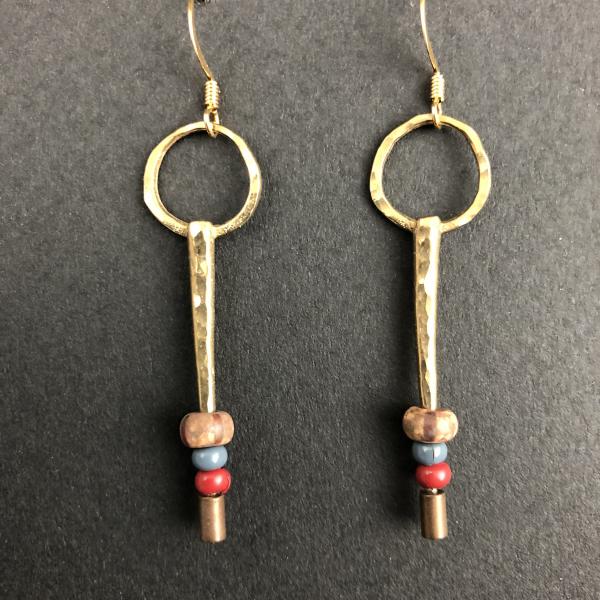 Bronze Spike Earrings with Red and Tan Beads