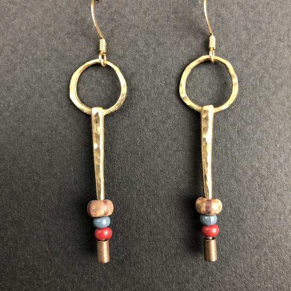 Bronze Spike Earrings with Red and Tan Beads picture