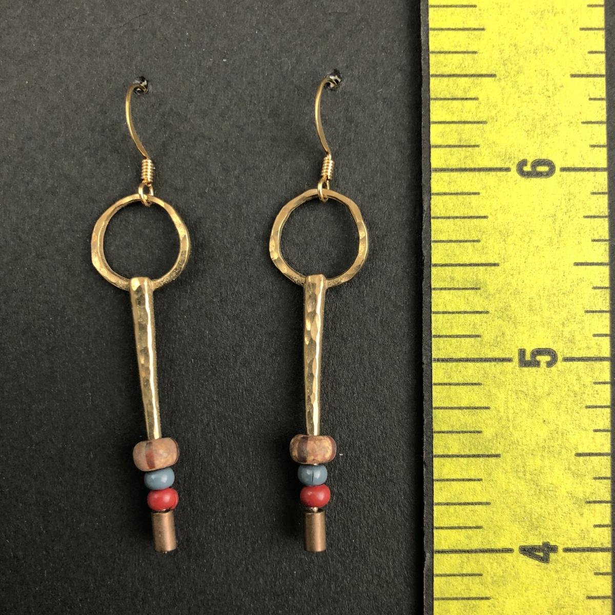 Bronze Spike Earrings with Red and Tan Beads picture