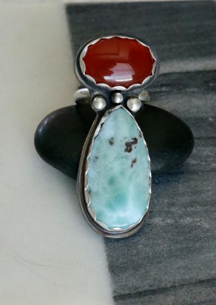 Red Carnelian and Larimar Patina Sterling Silver Ring picture