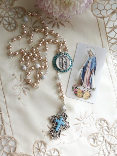 Peach Pearls and Miraculous Medal Rosary Necklace