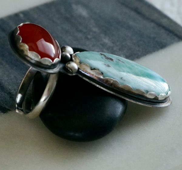 Red Carnelian and Larimar Patina Sterling Silver Ring