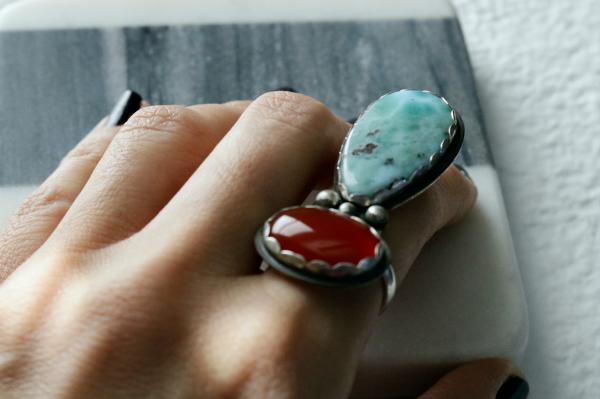 Red Carnelian and Larimar Patina Sterling Silver Ring picture
