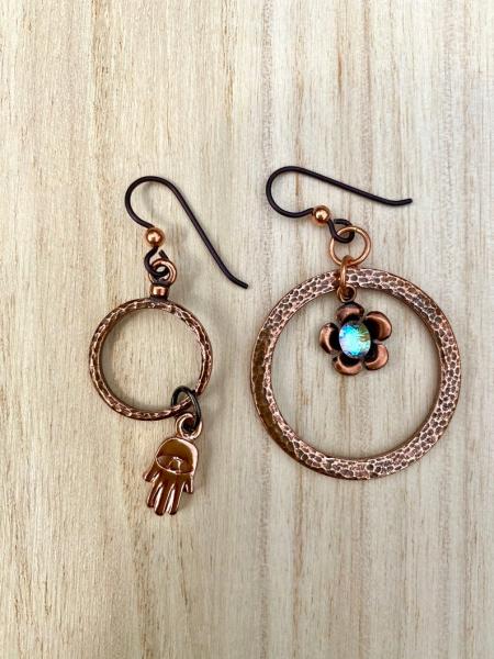 Copper Hamsa and flower earrings
