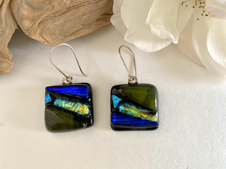 Royal Blue and Gold glass earrings picture