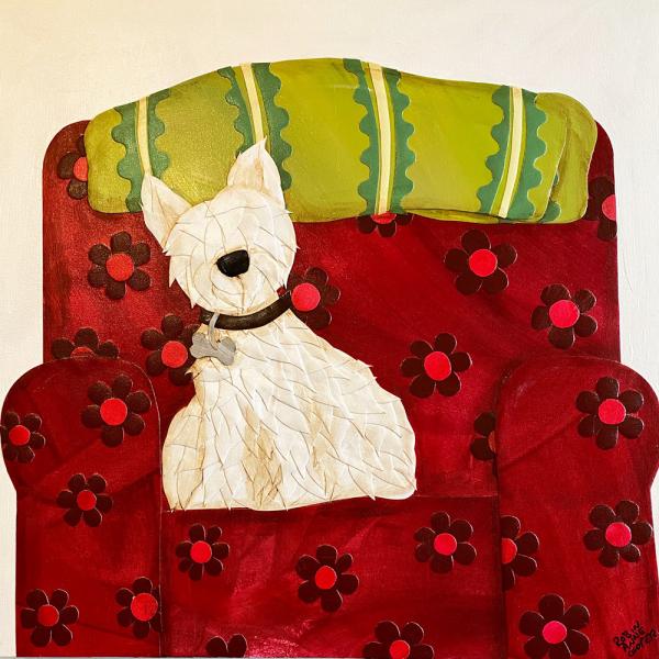 White Dog in Red Chair picture