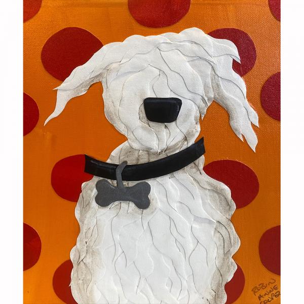 White Curly Dog on Red Dots picture