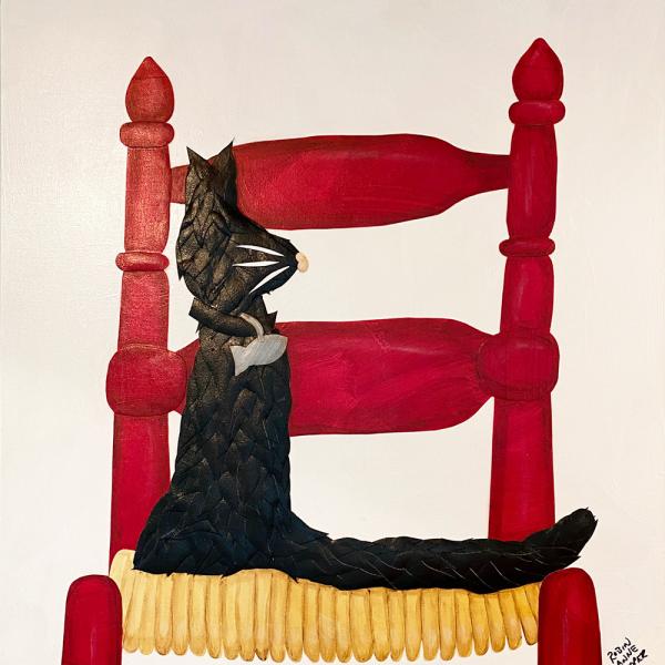 Black Cat on Red Chair picture