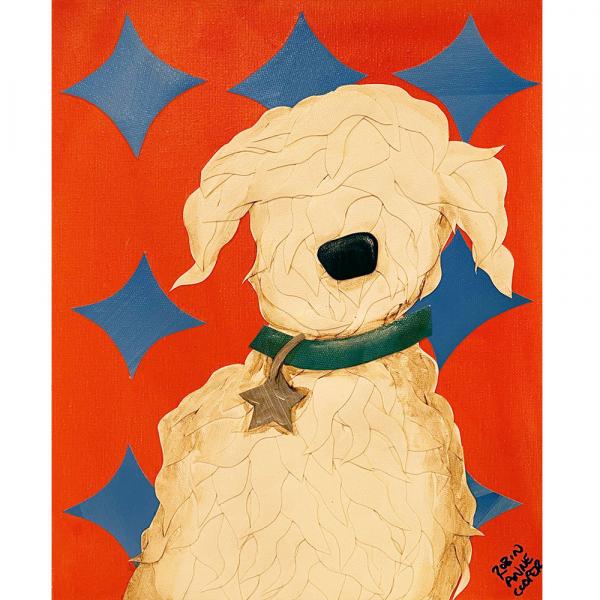 Curly White Dog on Orange and Blue picture