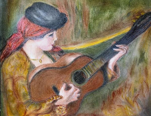 Woman in Spanish Dress Holding a guitar, Renoir Reproduction in Pastel "Print" on canvas