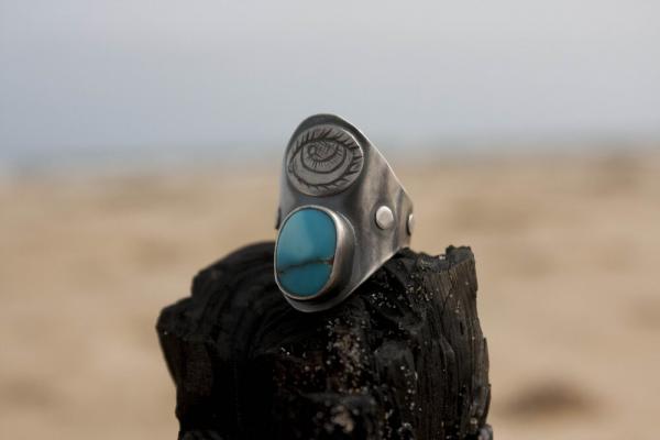 Lone Mountain Turquoise Saddle Ring with Eye Engraving picture