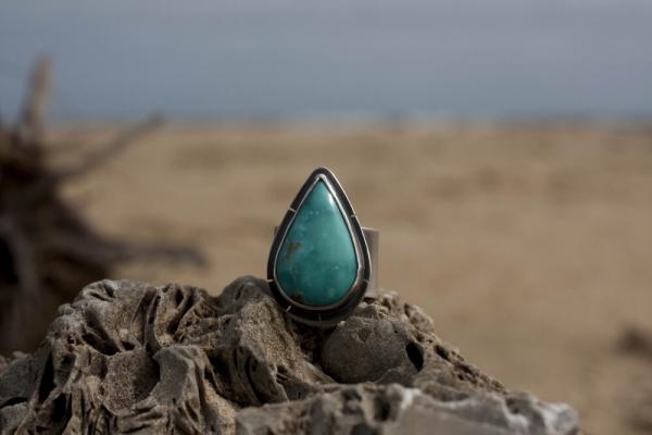 Kingman Turquoise Teardrop Ring with Eye Engraving