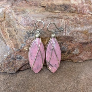 Pink rodanite silver crisscrossed earrings picture