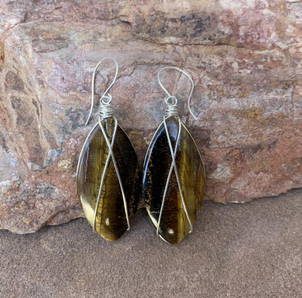 Tiger eye silver crisscrossed teardrop earrings