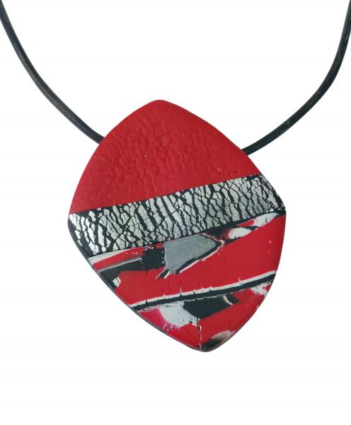 Large Angled Square Pendant - Marbled - Red Black Silver picture