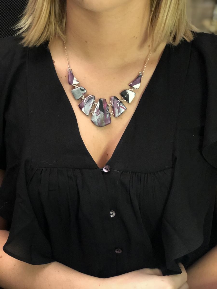 Marbled 7 Piece Linked Shard Necklace - Black White Silver picture