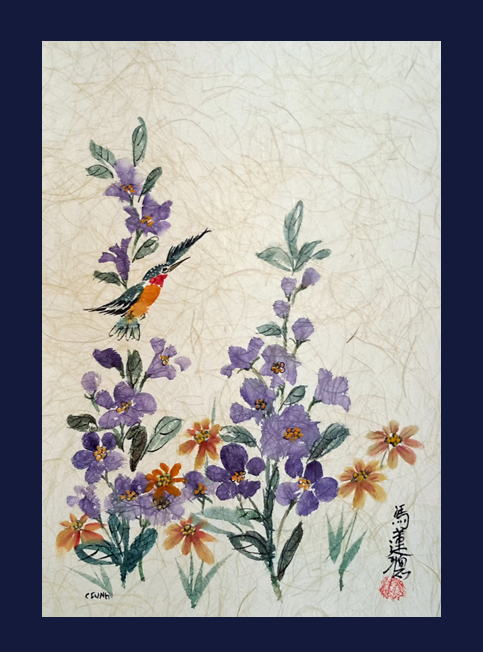 Hummingbird with Purple & Yellow Flowers picture