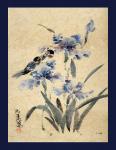 Blue Irises and Lovebirds