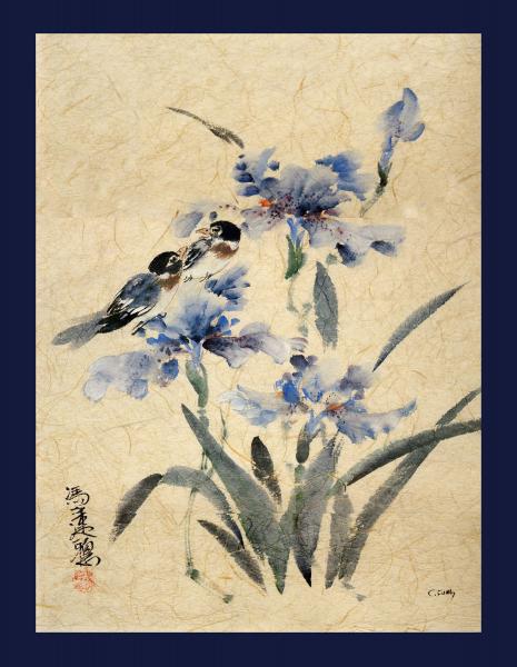 Blue Irises and Lovebirds picture