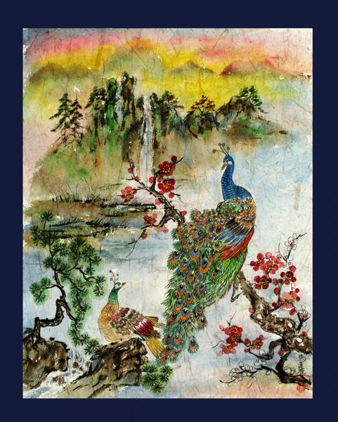 Peacocks and Waterfall