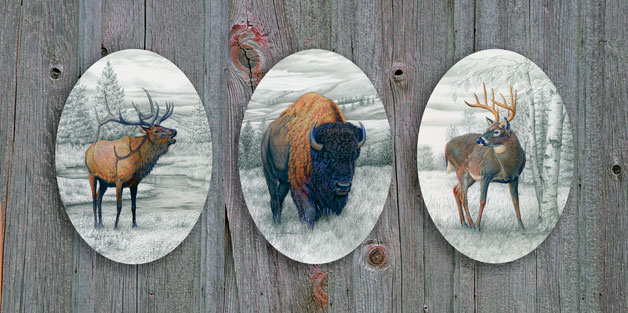 "Triple Big Game" - canvas giclee with printed barn wood picture