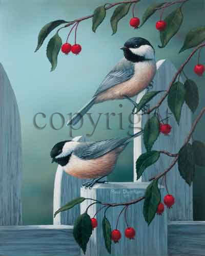 "Backyard Visitor - Chickadees" - Offset Lithos picture