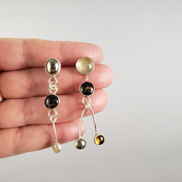 Asymetrical Earrings w/ Rutilated Quartz, Pyrite, and  Blk Copper Obsidian picture