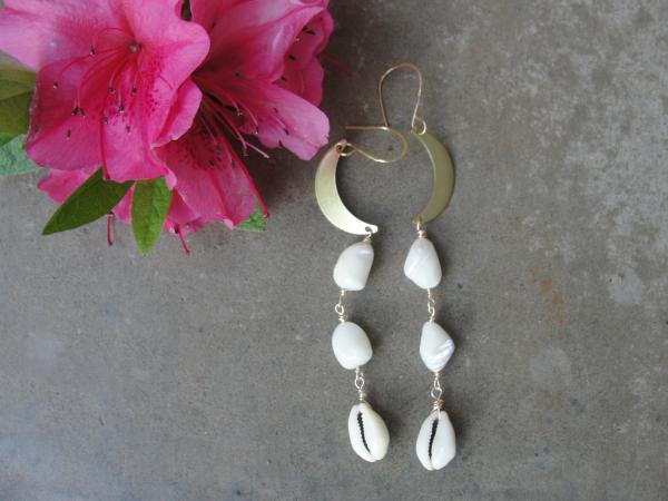Brass Half Moon and Shell Earrings picture