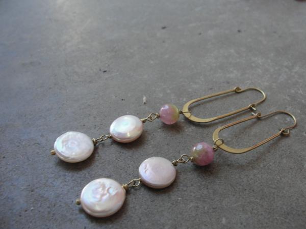 Coin Pearls and Agate Brass Earrings
