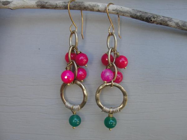 Pink and Green Beaded Brass Earrings