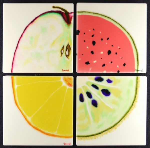 Four 12" x 12" quarter fruits - apple, watermelon, kiwi, orange picture