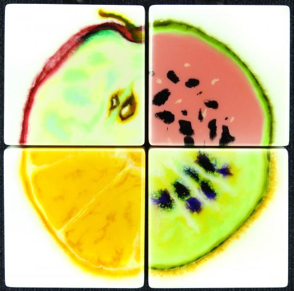 Four 6" x 6" quarter fruits - apple, watermelon, kiwi, orange picture