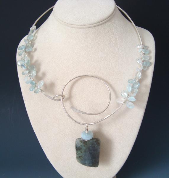 Sterling Silver Wire Collar with Wire Wrapped Aquamarines and Labradorite Pendant picture