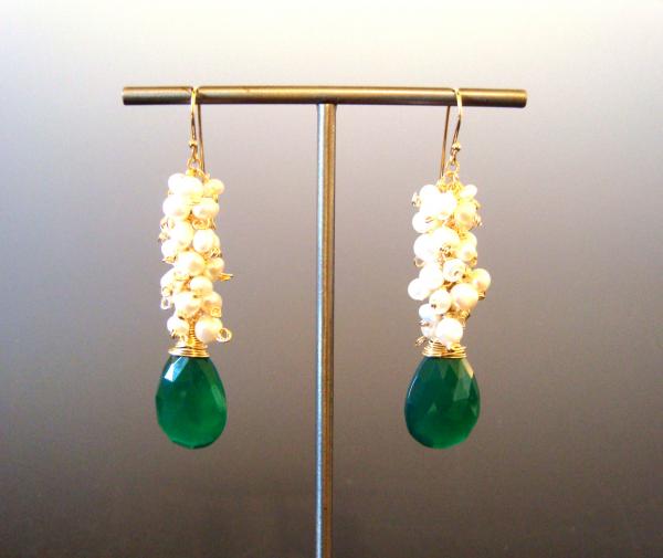 Green Onyx, Gold and Freshwater Pearl, Long, Dangle Earrings picture